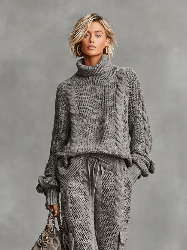 SOPHIE | CASUAL CABLE KNIT TURTLENECK SWEATER AND CARGO PANTS SET