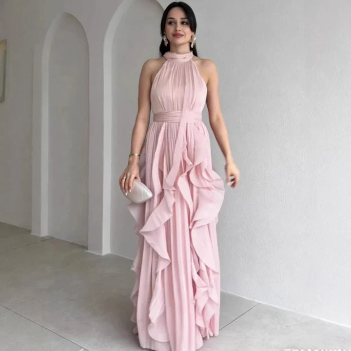 OREA | HIGH NECK GATHERED RUFFLE LAYERS MAXI DRESS