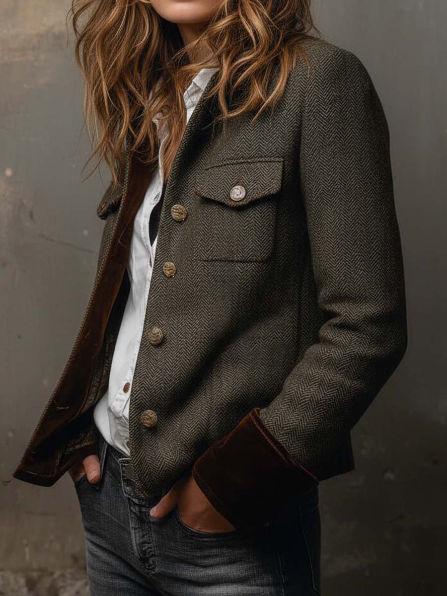 CLARISSA | HERRINGBONE CONTRAST TRIM BLAZER