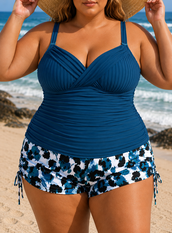 GABBY | PLUS SIZE RIBBED TANKINI WITH PRINT SHORTS