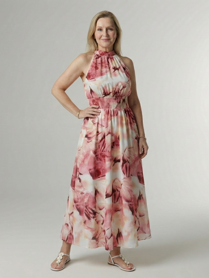 SYLIN | GATHERED HALTER MIDI DRESS