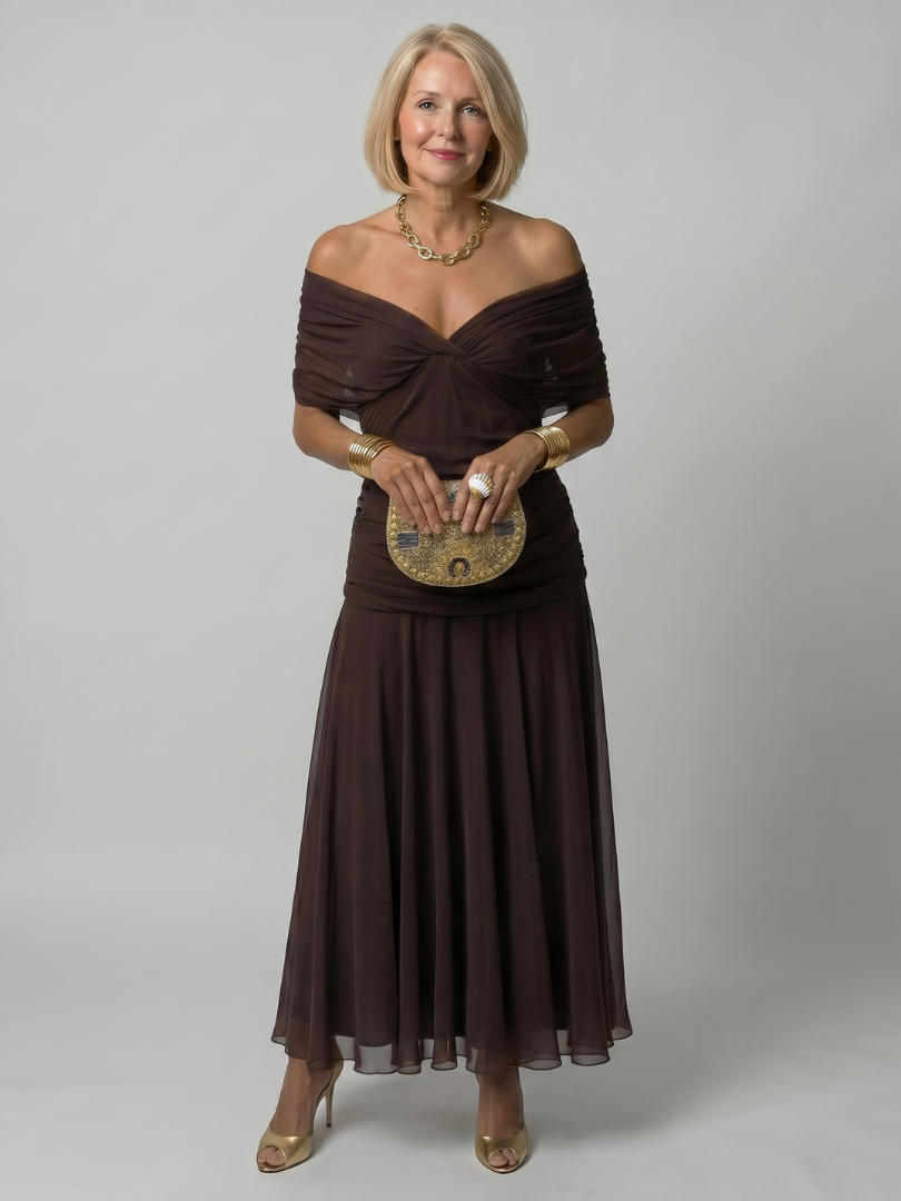 CALEN | OFF SHOULDER FLOW MIDI DRESS