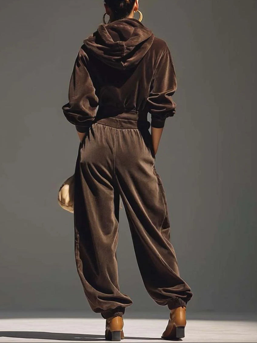 FREYA | VINTAGE BROWN VELVET HOODIE AND LOOSE FITTING TROUSERS SET