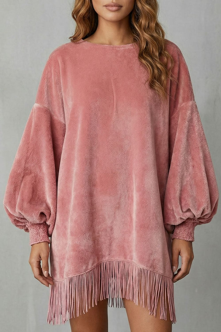 BELLURIE | VOLUMINOUS SLEEVES – FRINGE MINI DRESS