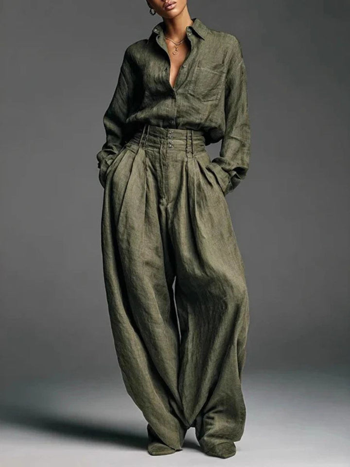 POPPY | LINEN BLEND LAPEL SHIRT AND HIGH WAIST WIDE LEG PANTS SET
