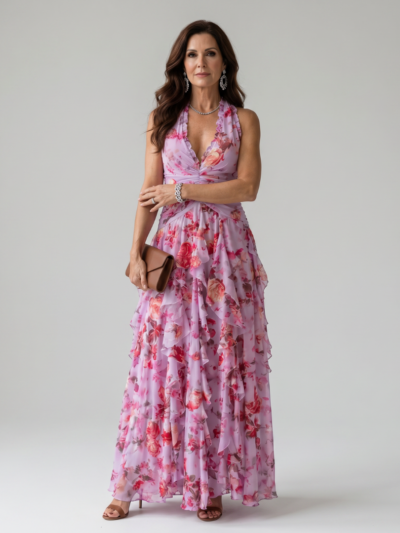 NORI | HALTER NECK RUCHED BODICE FLORAL MAXI DRESS