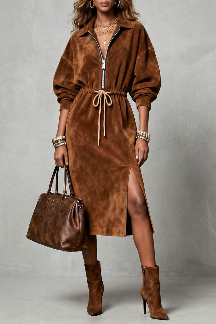 ZANETTA | DRAWSTRING WAIST – ZIP MIDI DRESS