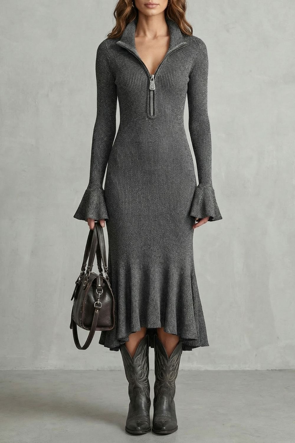 VELORIA | FLARED CUFF ELEGANCE – ZIP MIDI DRESS
