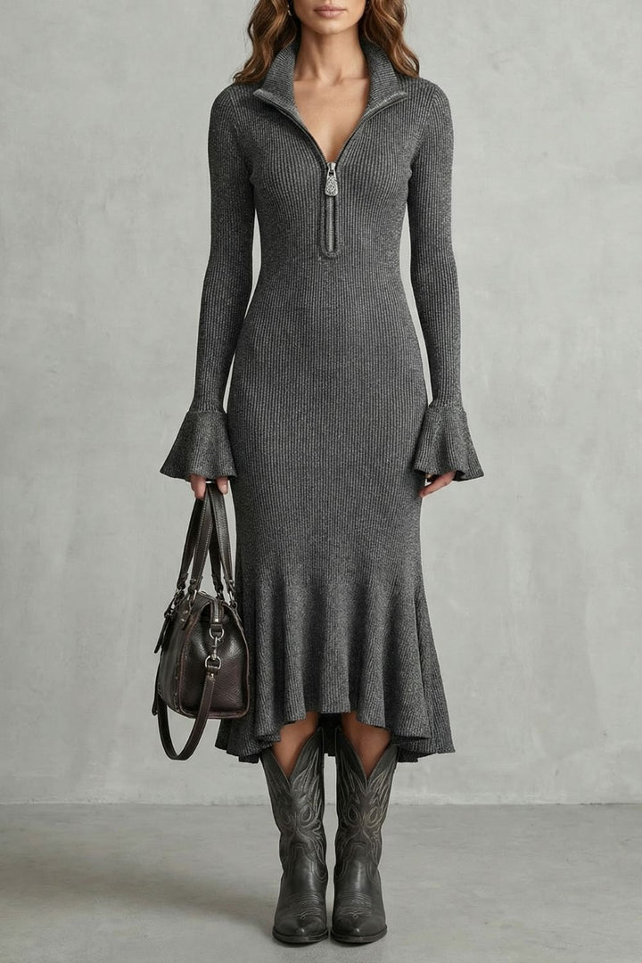 VELORIA | FLARED CUFF ELEGANCE – ZIP MIDI DRESS