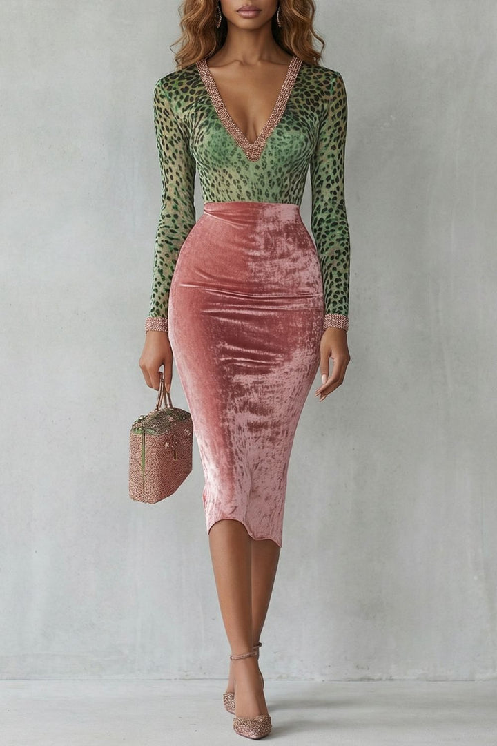 VIRELLINE | LEOPARD VELVET CONTRAST – BODYCON MIDI DRESS
