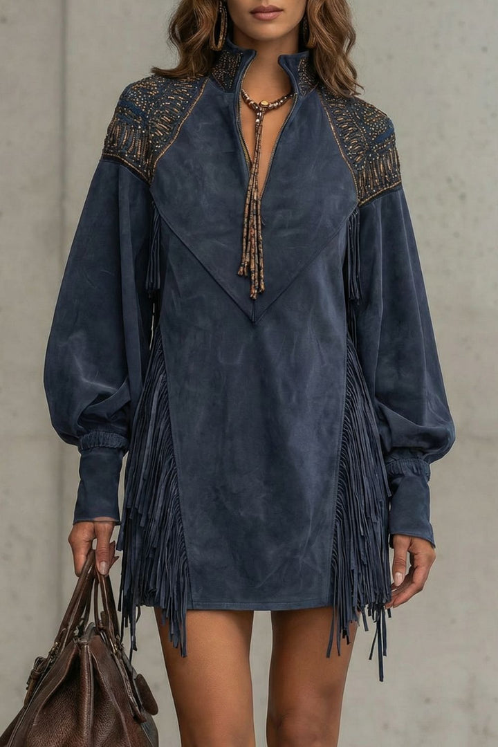 CALVETTA | EMBROIDERED FRINGE DETAIL – TUNIC MINI DRESS