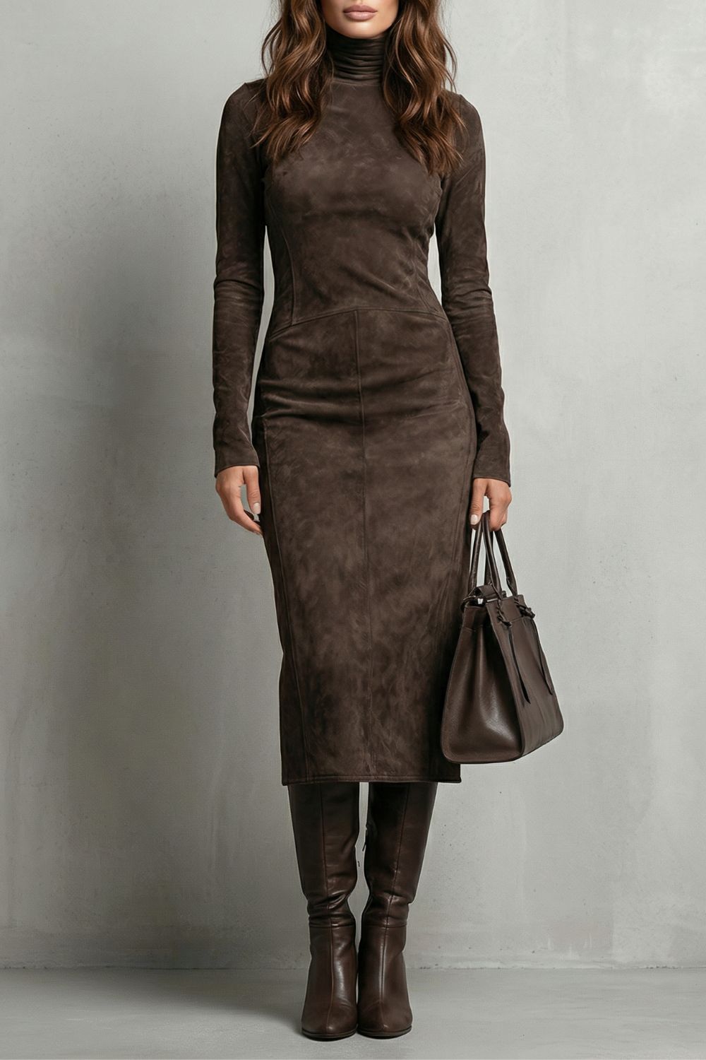 LEVRÉNE | SCULPTED SUEDE EFFECT – TURTLENECK MIDI DRESS