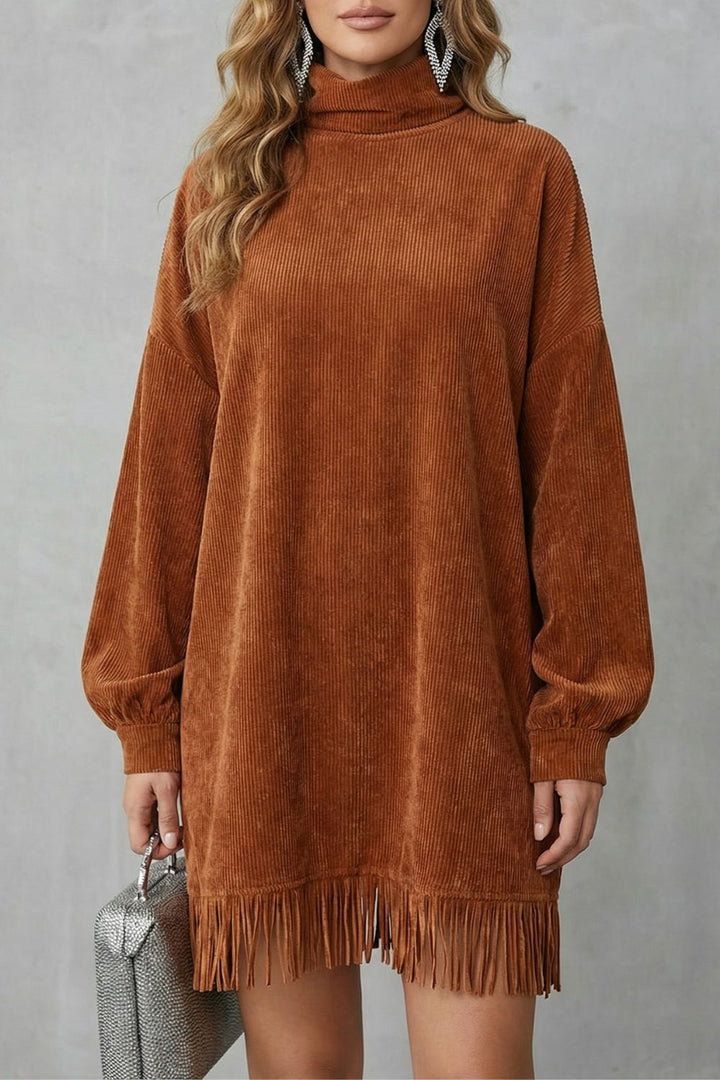 CASTELLAINE | FRINGED CHARM – TURTLENECK MINI DRESS