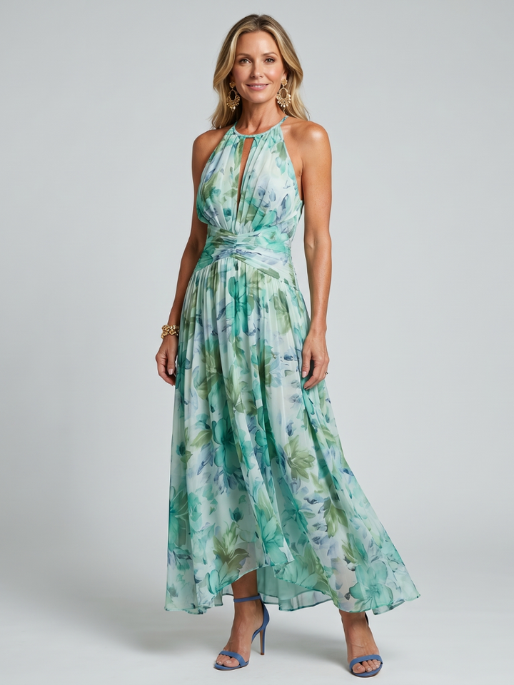 PORTIA | PLEATED HALTER SOFT FLORAL PATTERN MIDI DRESS
