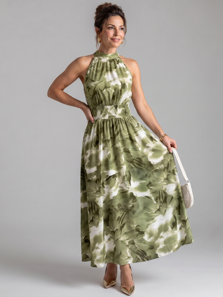 OLIVIA | GATHERED WAIST ABSTRACT PRINT MIDI DRESS
