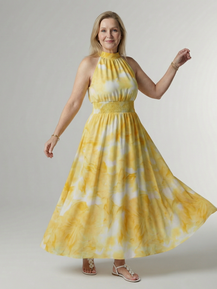 SYLIN | GATHERED HALTER MIDI DRESS