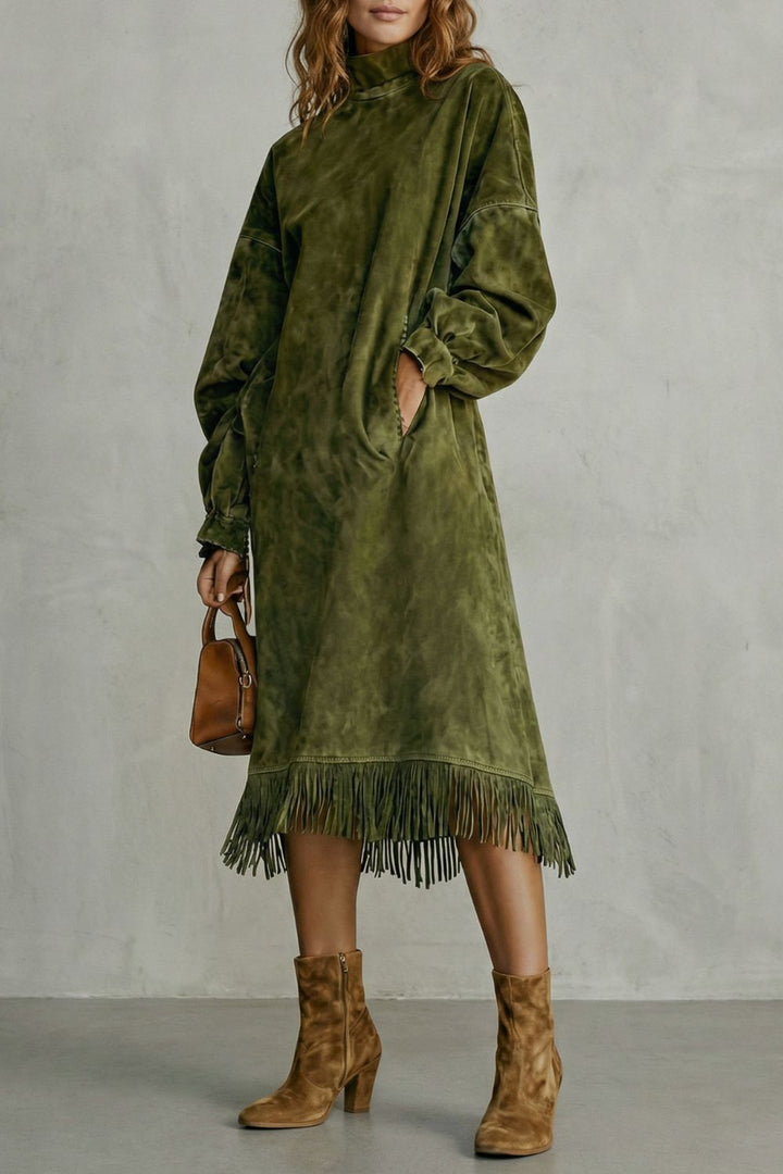 VALDRINA | SUEDE FRINGE DETAIL – MIDI TURTLENECK DRESS