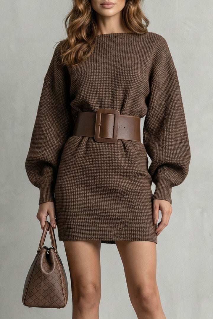 ADERISSE | STRUCTURED KNIT FIT – BELTED MINI DRESS (BELT INCLUDED)