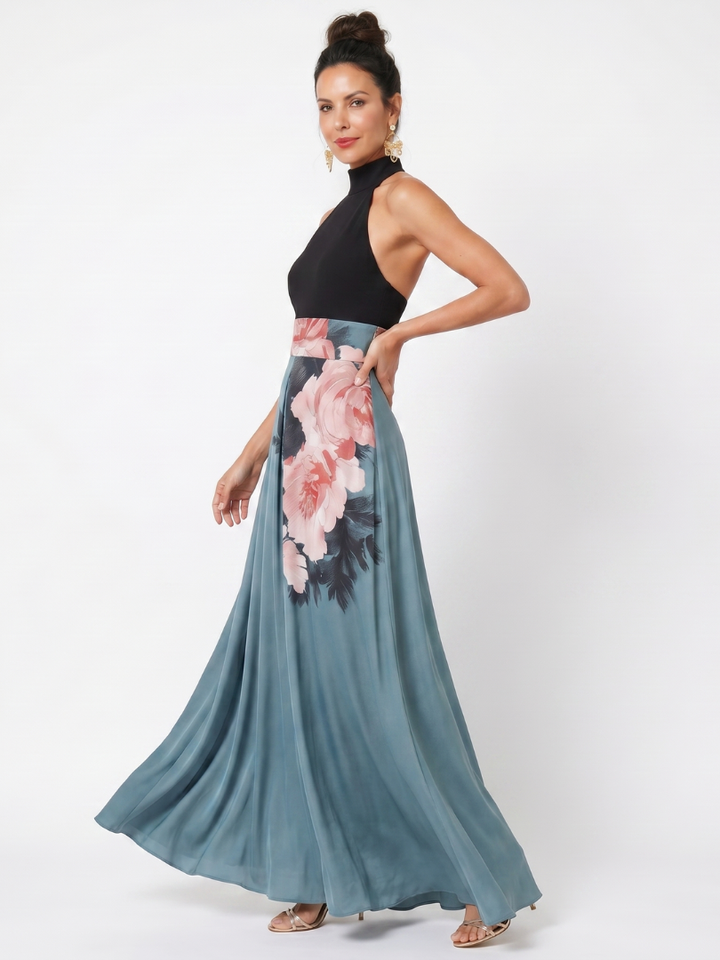 OLYMPAS | HALTER BODICE FLORAL SKIRT MAXI DRESS
