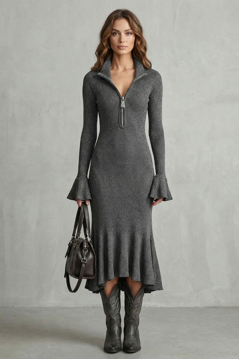 VELORIA | FLARED CUFF ELEGANCE – ZIP MIDI DRESS