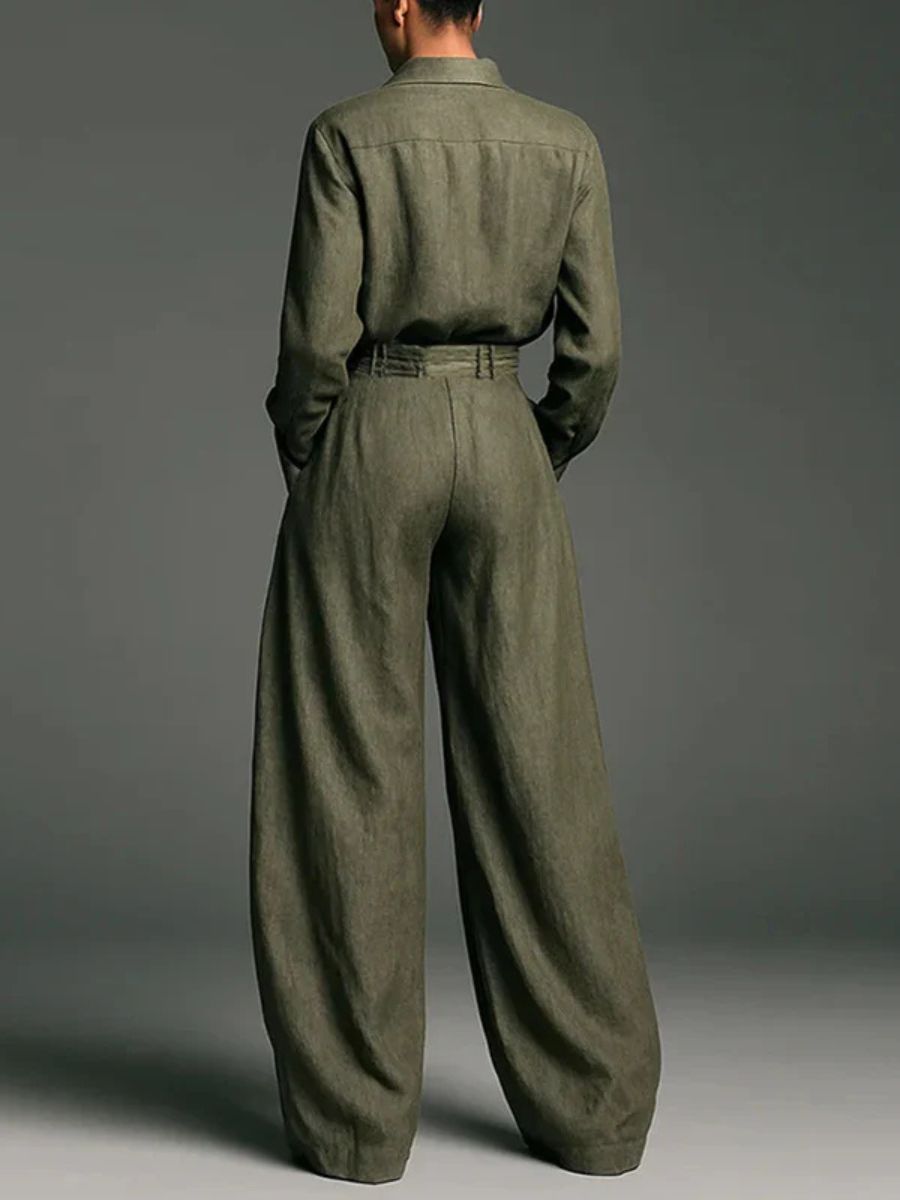 POPPY | LINEN BLEND LAPEL SHIRT AND HIGH WAIST WIDE LEG PANTS SET