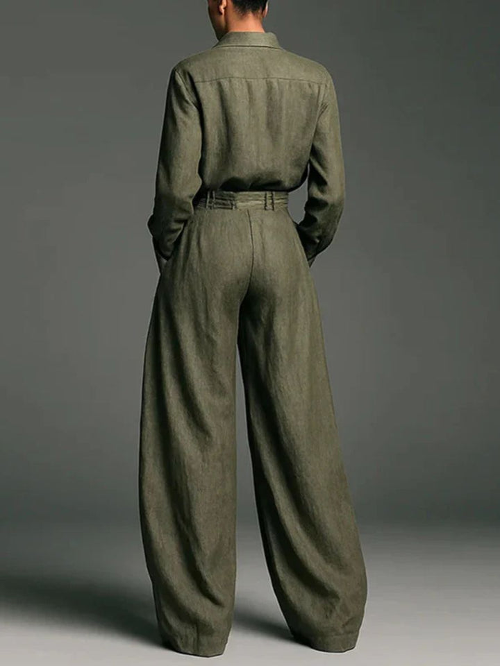 POPPY | LINEN BLEND LAPEL SHIRT AND HIGH WAIST WIDE LEG PANTS SET