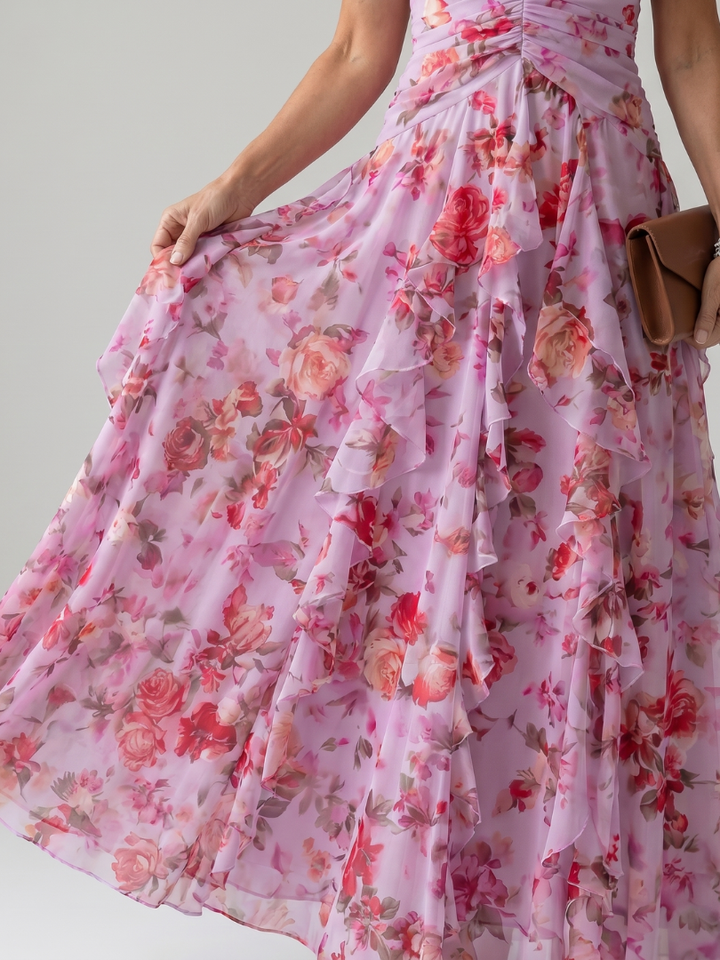 NORI | HALTER NECK RUCHED BODICE FLORAL MAXI DRESS