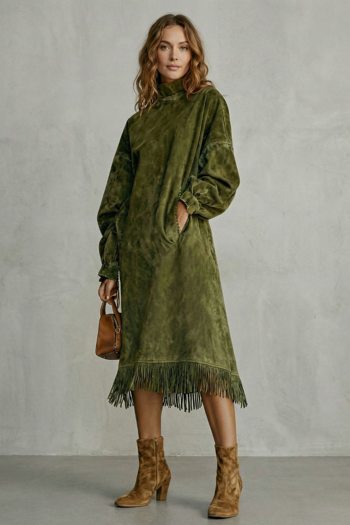 VALDRINA | SUEDE FRINGE DETAIL – MIDI TURTLENECK DRESS