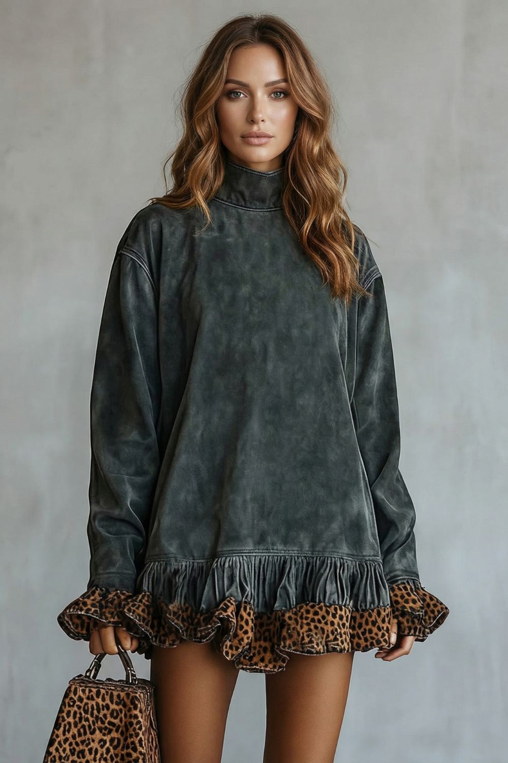 SELVATTA | LEOPARD TRIM RUFFLE – SUEDE MINI DRESS