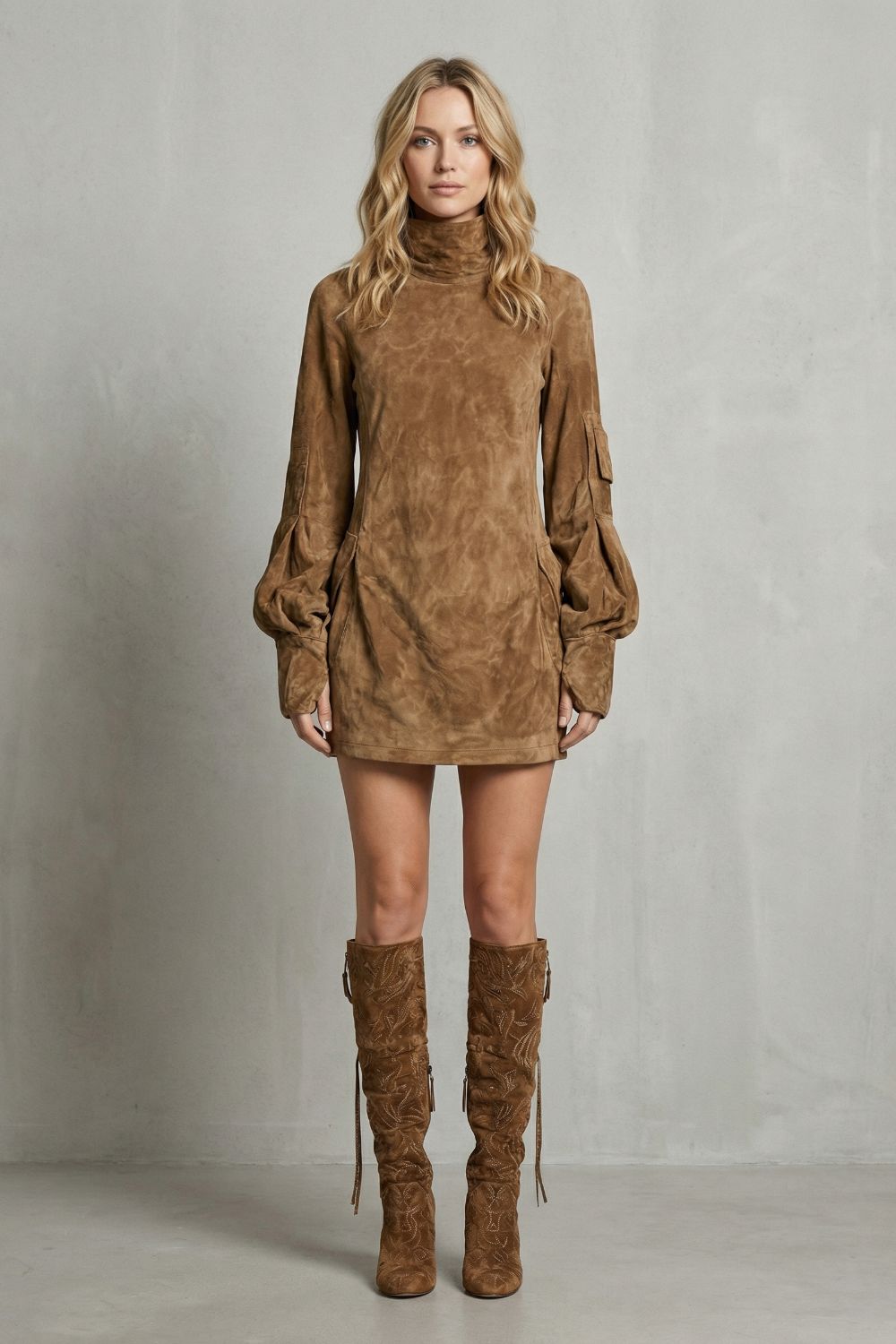 MARCELLA | HIGH NECK SILHOUETTE – SUEDE-EFFECT MINI DRESS