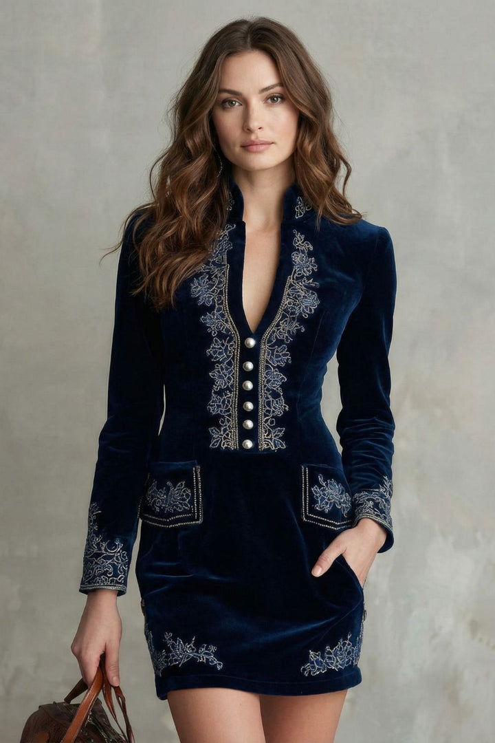ÉLARINE | EMBROIDERED VELVET ELEGANCE – FITTED MINI DRESS