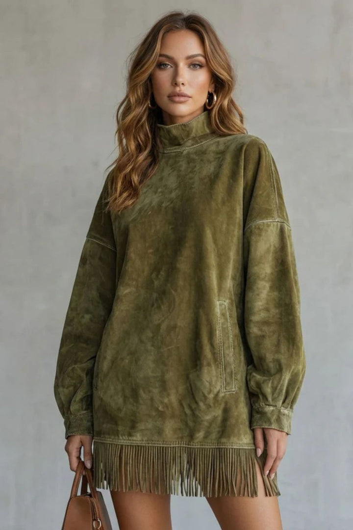 VIRETTA | SUEDE FRINGE DETAIL – TURTLENECK MINI DRESS