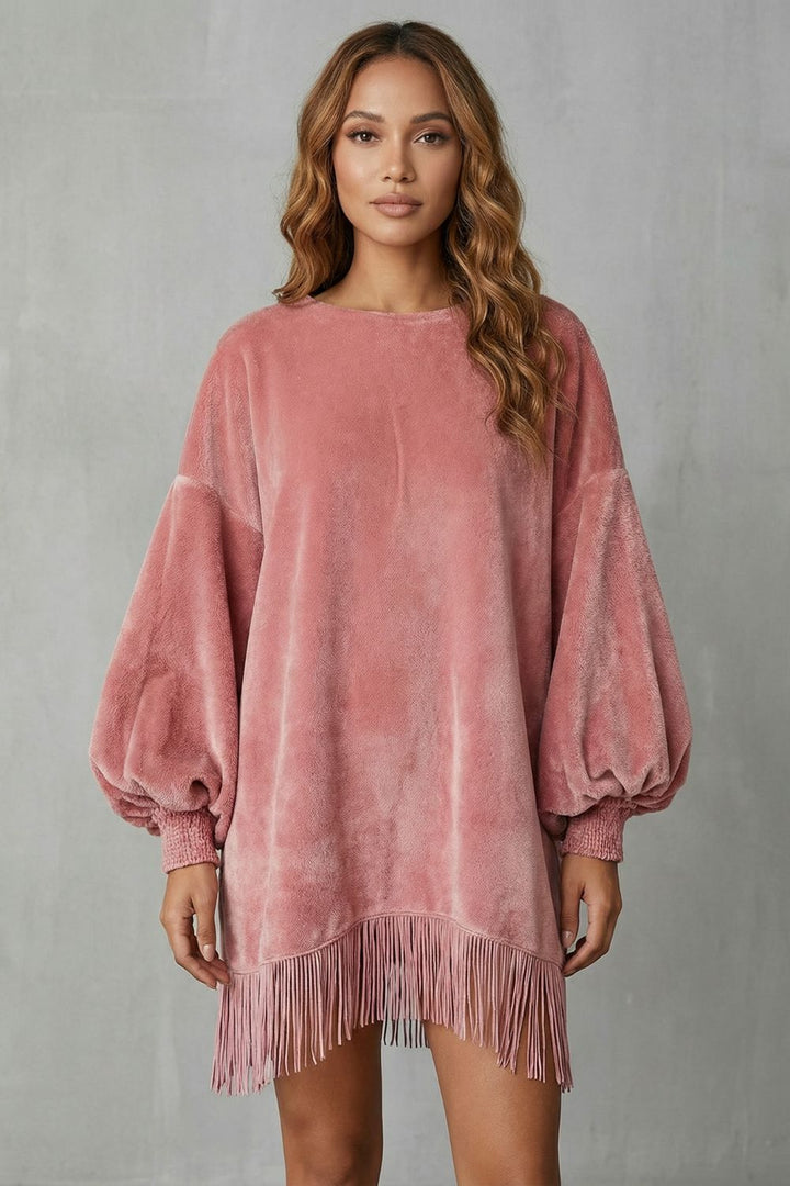 BELLURIE | VOLUMINOUS SLEEVES – FRINGE MINI DRESS