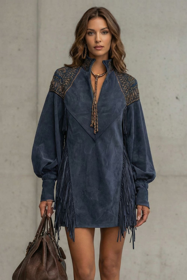 CALVETTA | EMBROIDERED FRINGE DETAIL – TUNIC MINI DRESS