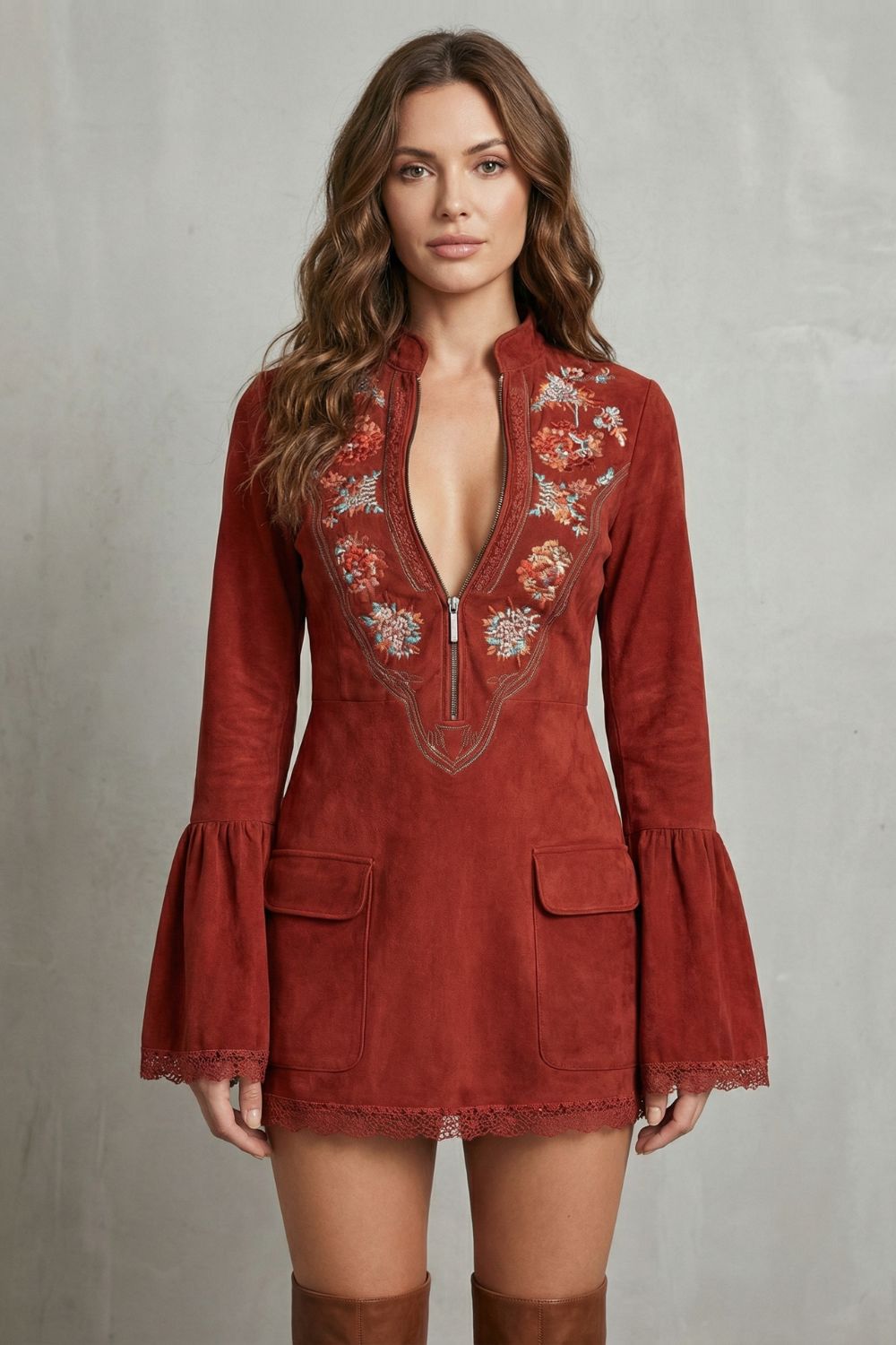 ROSAVINE | EMBROIDERED NECKLINE – SUEDE MINI DRESS