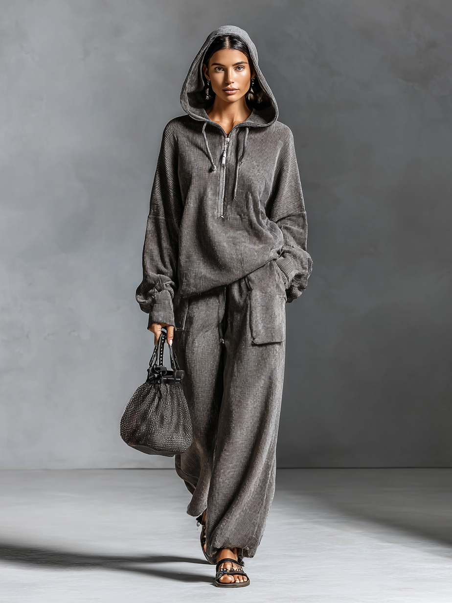 EVELYN | WOMEN'S CASUAL CORDUROY HOODED SWEATSHIRT STRAIGHT PANTS SET