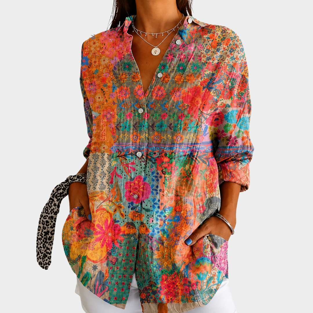 SADIE | SUNLIT WILDFLOWER PATCHWORK BUTTON-FRONT BLOUSE