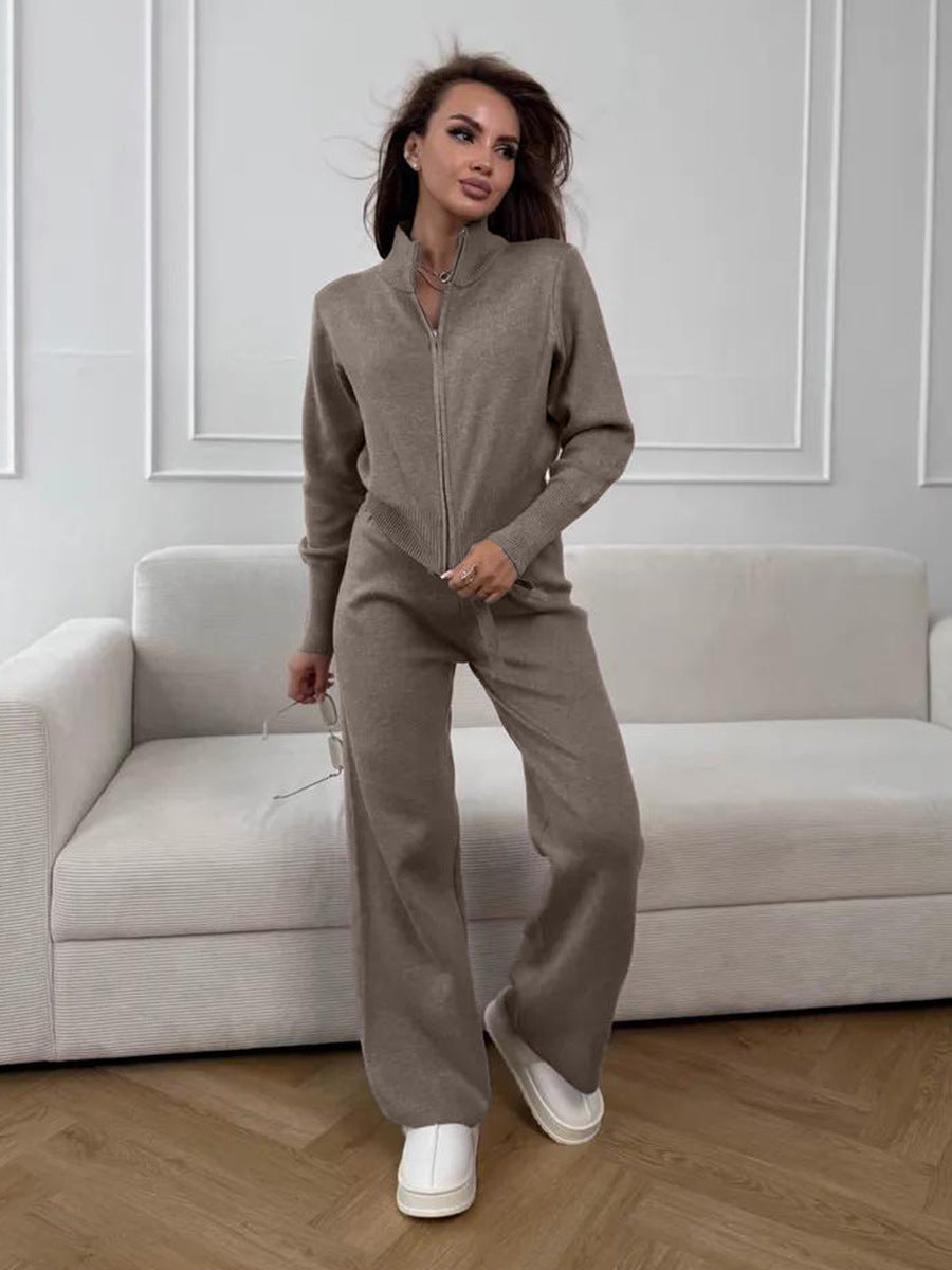 ISLA | KNIT 2 PIECE SET – DRAWSTRING WIDE LEG PANTS WITH ZIP JACKET TOP