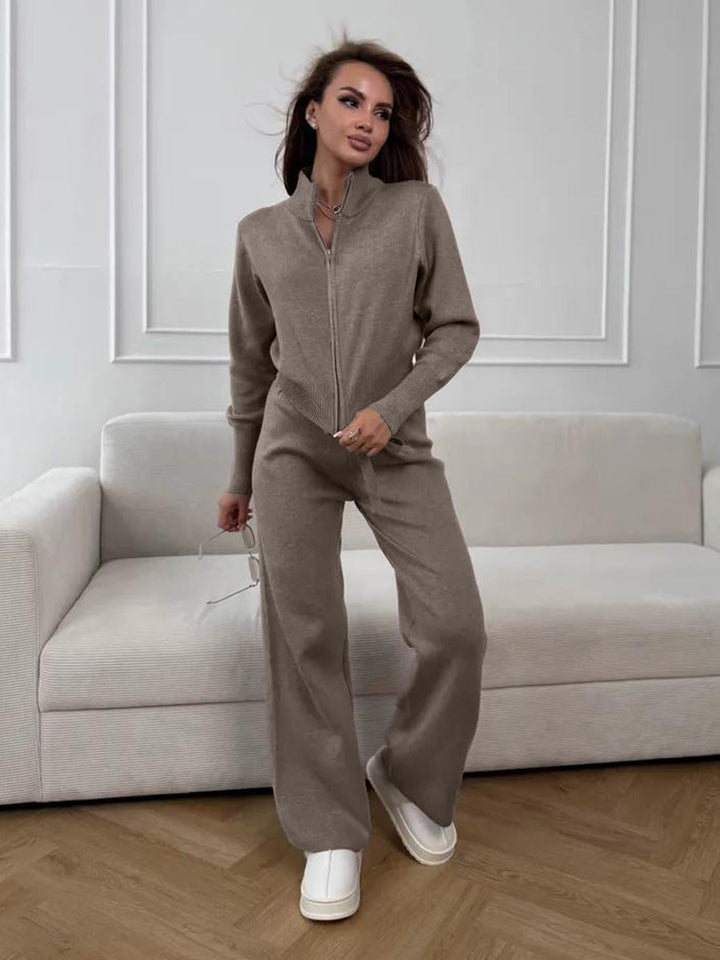 ISLA | KNIT 2 PIECE SET – DRAWSTRING WIDE LEG PANTS WITH ZIP JACKET TOP