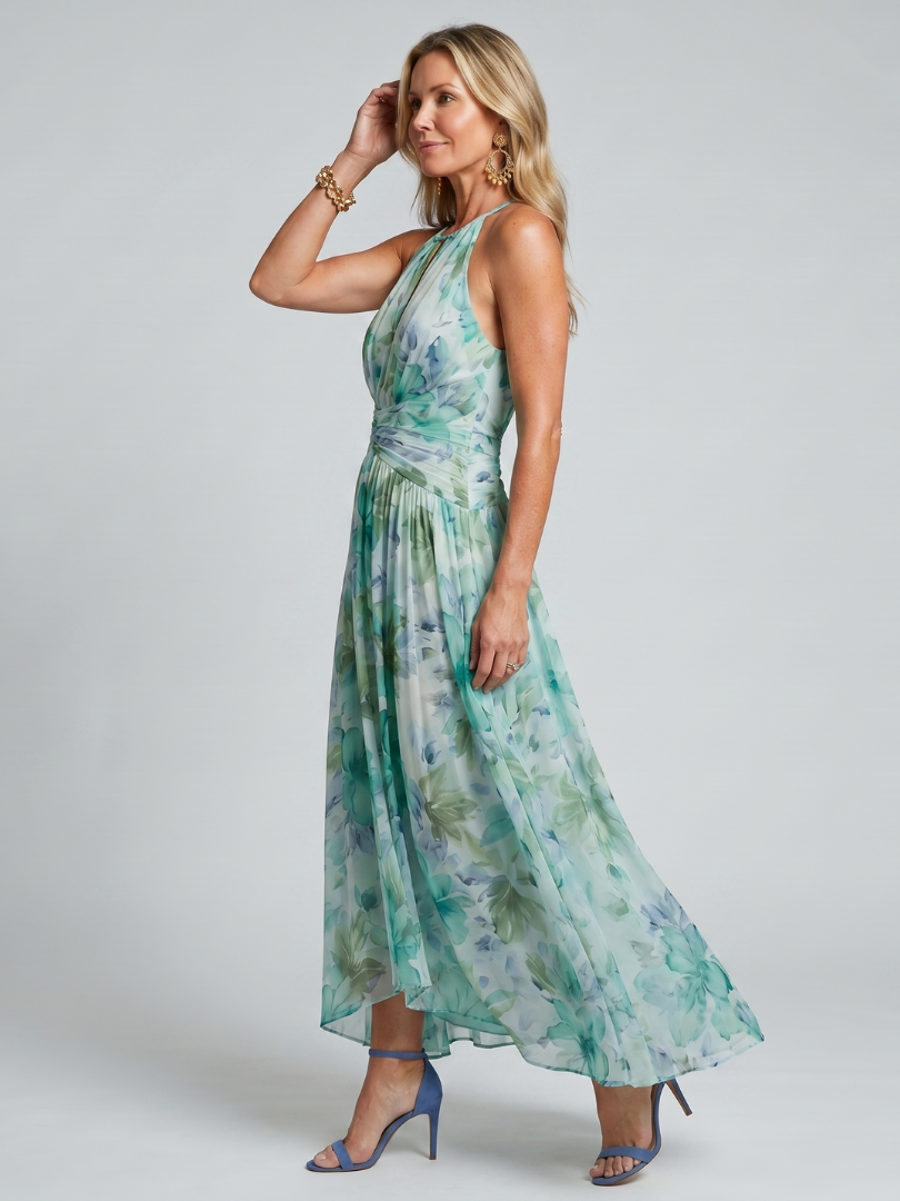 PORTIA | PLEATED HALTER SOFT FLORAL PATTERN MIDI DRESS