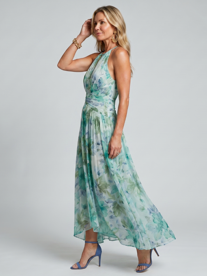 PORTIA | PLEATED HALTER SOFT FLORAL PATTERN MIDI DRESS