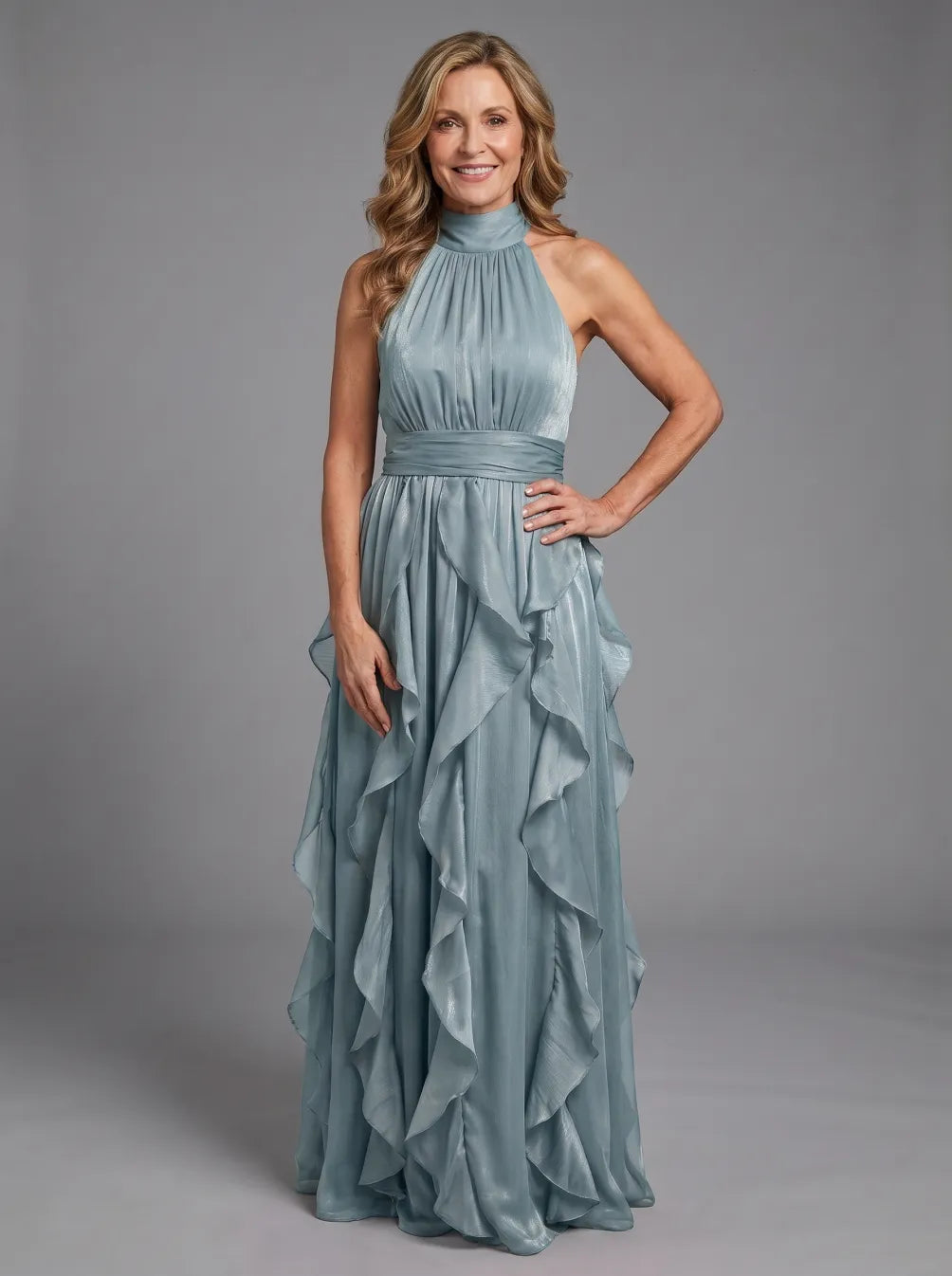 OREA | HIGH NECK GATHERED RUFFLE LAYERS MAXI DRESS