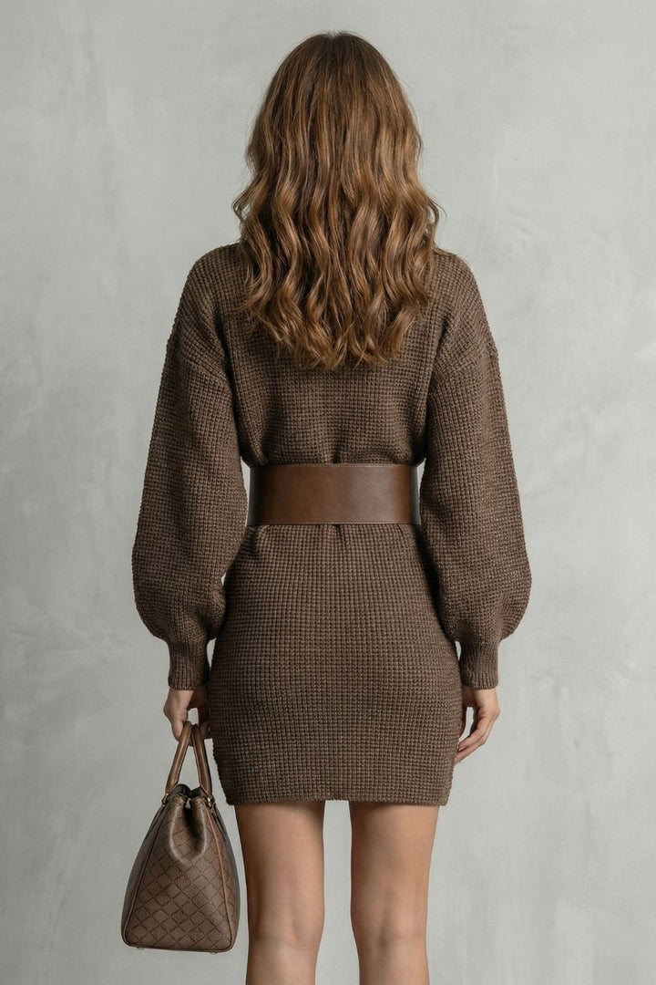 ADERISSE | STRUCTURED KNIT FIT – BELTED MINI DRESS (BELT INCLUDED)