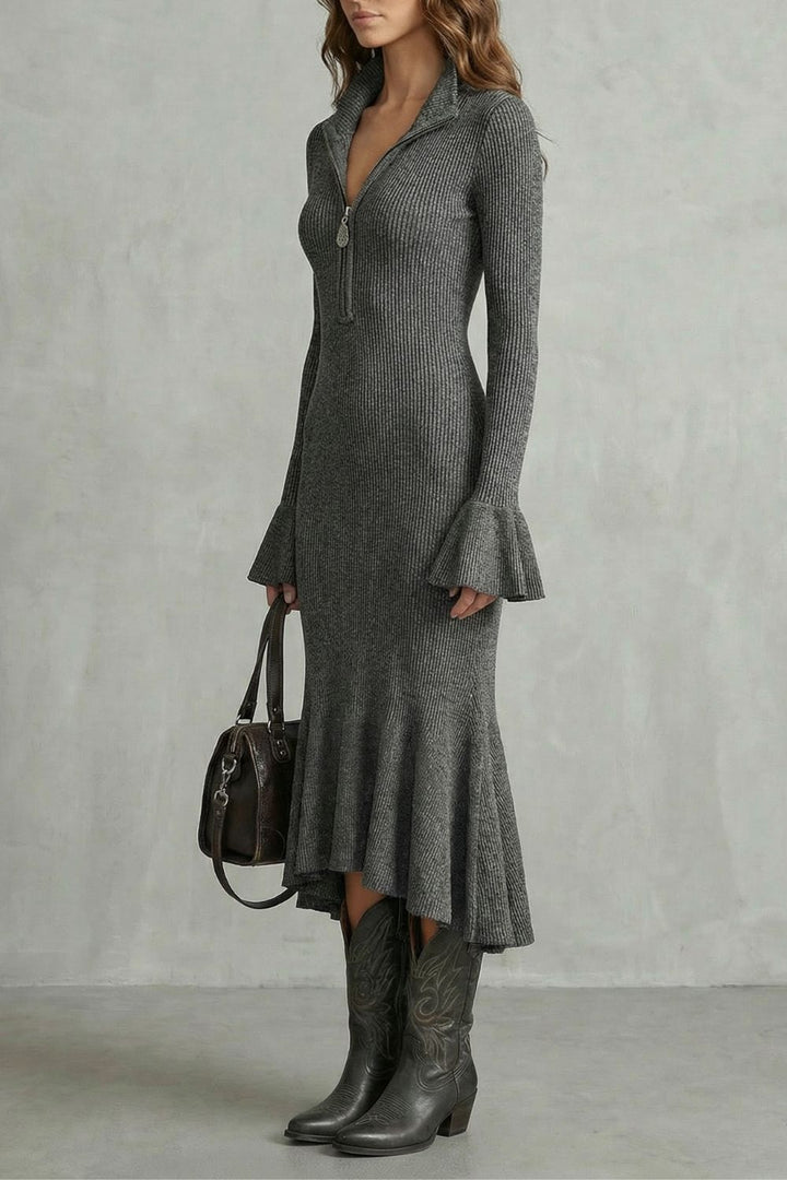 VELORIA | FLARED CUFF ELEGANCE – ZIP MIDI DRESS