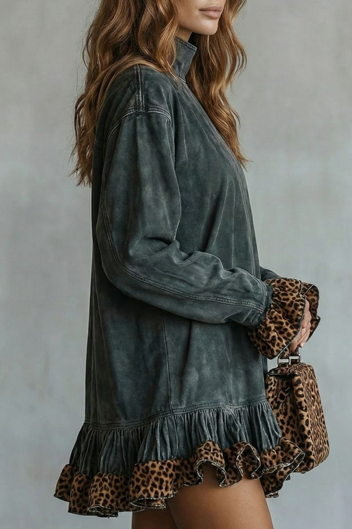 SELVATTA | LEOPARD TRIM RUFFLE – SUEDE MINI DRESS