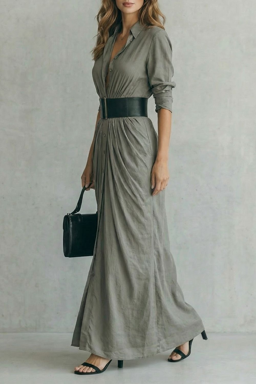 SOLENZIA | BUTTONED DRAPED MAXI DRESS