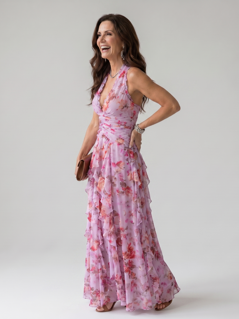 NORI | HALTER NECK RUCHED BODICE FLORAL MAXI DRESS