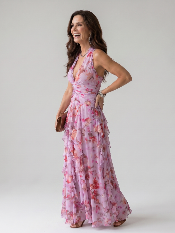 NORI | HALTER NECK RUCHED BODICE FLORAL MAXI DRESS