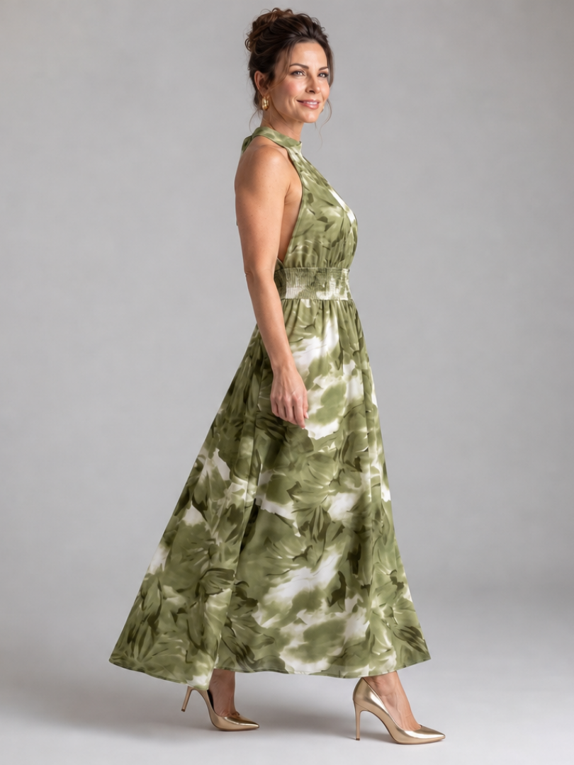 OLIVIA | GATHERED WAIST ABSTRACT PRINT MIDI DRESS