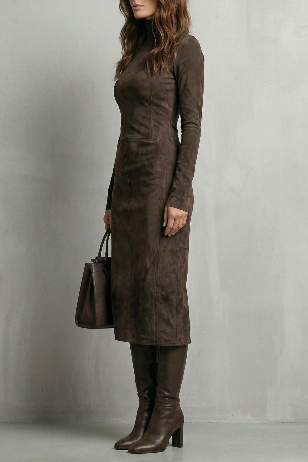 LEVRÉNE | SCULPTED SUEDE EFFECT – TURTLENECK MIDI DRESS